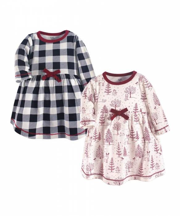 Cross Stripe And Printed Pine Tree Organic Cotton Girl Smock Dress